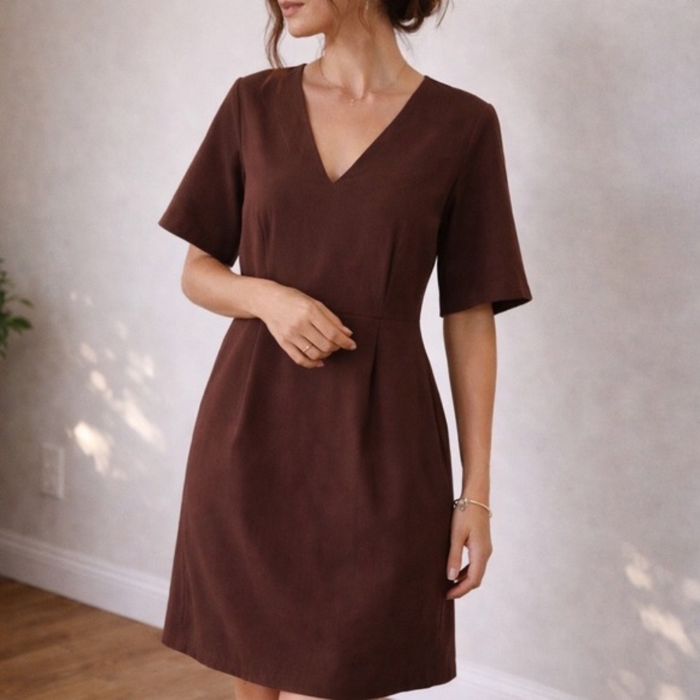 Universal Standard‎ Mocha V-Neck Twill Dress Size 2XS (6-8) Minimalist Capsule